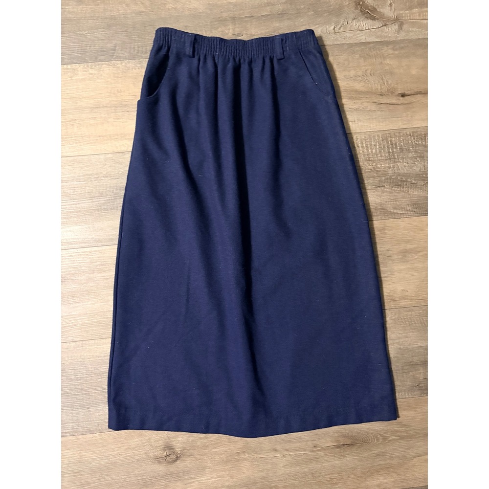 Bedford Fair Vintage Navy Blue Wool Blend Midi Skirt Pockets Made in USA Sz 9-10
